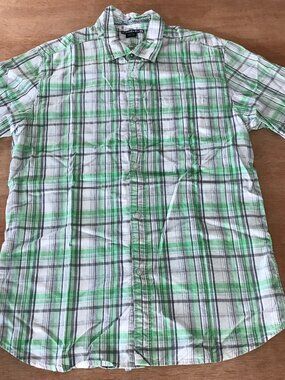 Quicksilver Shirt Men L Green White Plaid Button Up Pocket Short Sleeve Collared